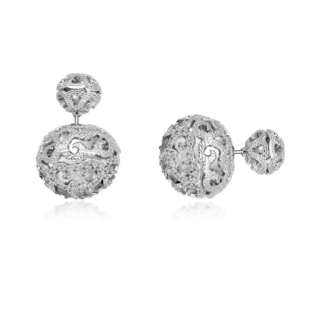 Double Ball Pave Diamond Front Back Earrings